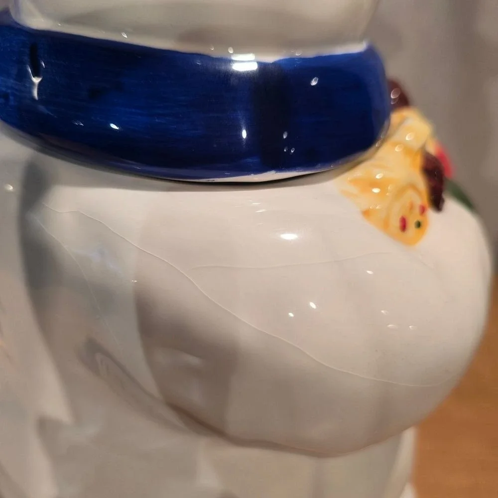 Snowman Cookie Jar Top Hat‎ Blue Scarf Holding Cookies with Original Box